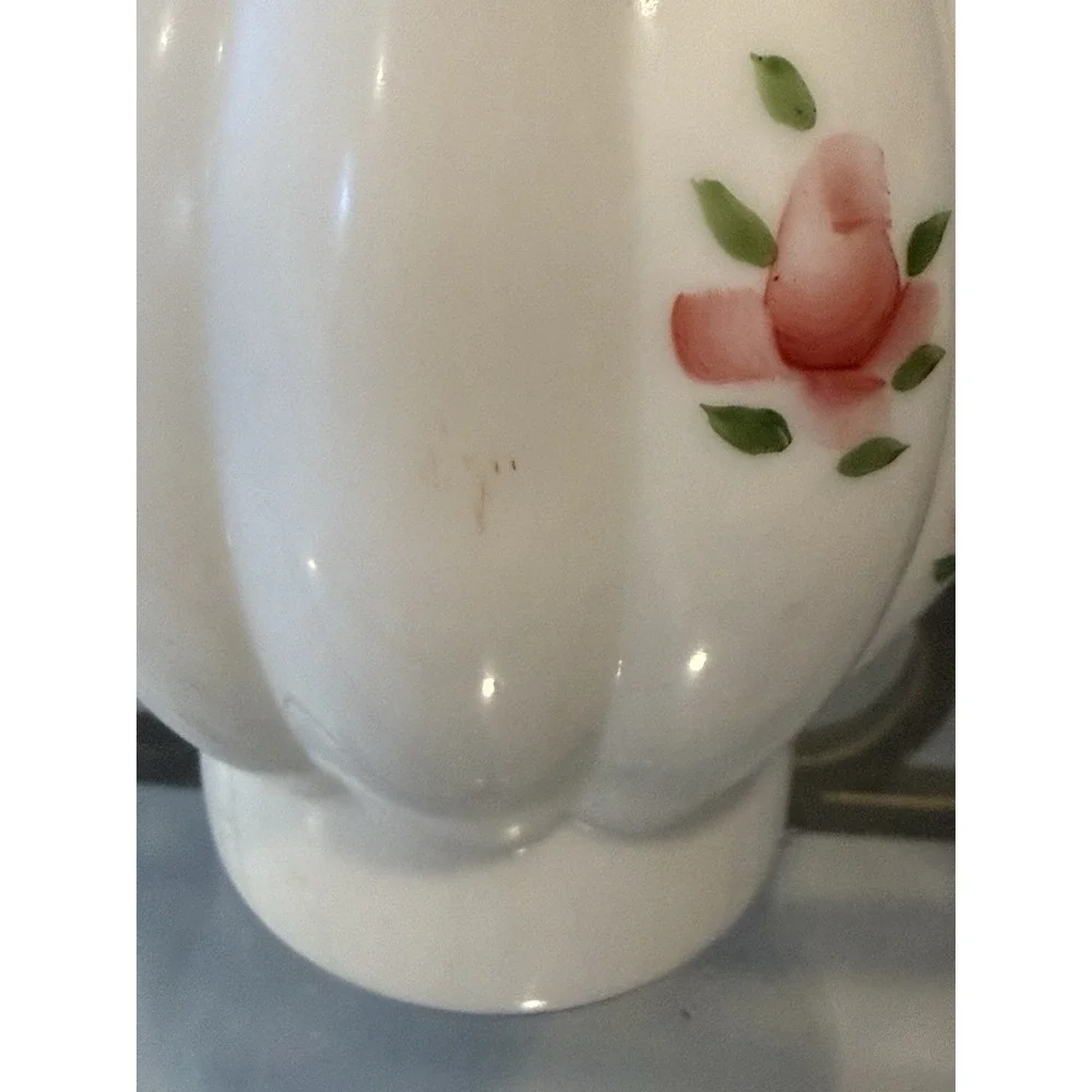Vintage Milk Glass Painted Pink Floral Roses Design Hurricane Lamp Chimney Shade